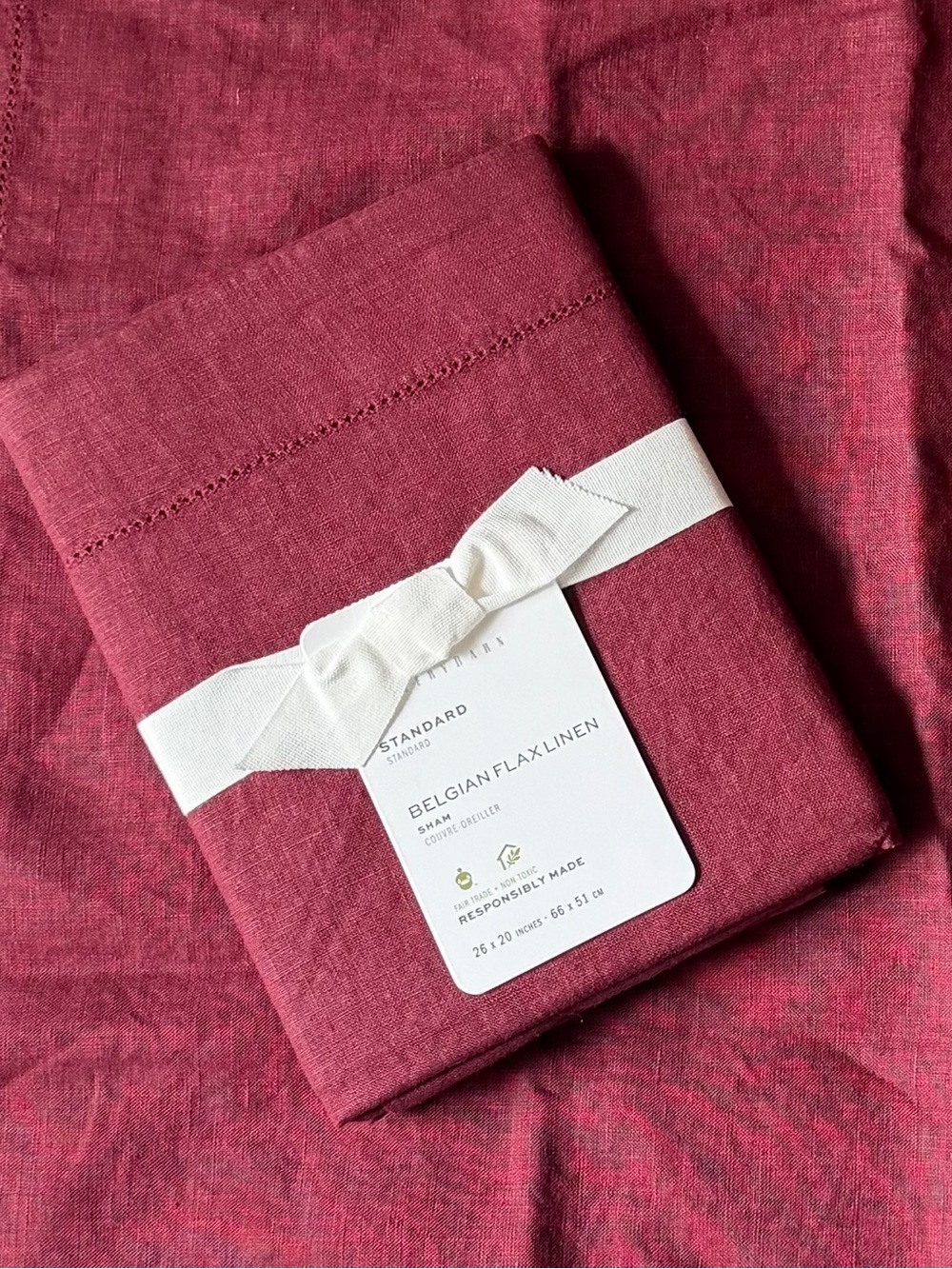 NWT Pottery Barn Belgian Flax Linen Shams Hemstitch design Merlot Standard Size